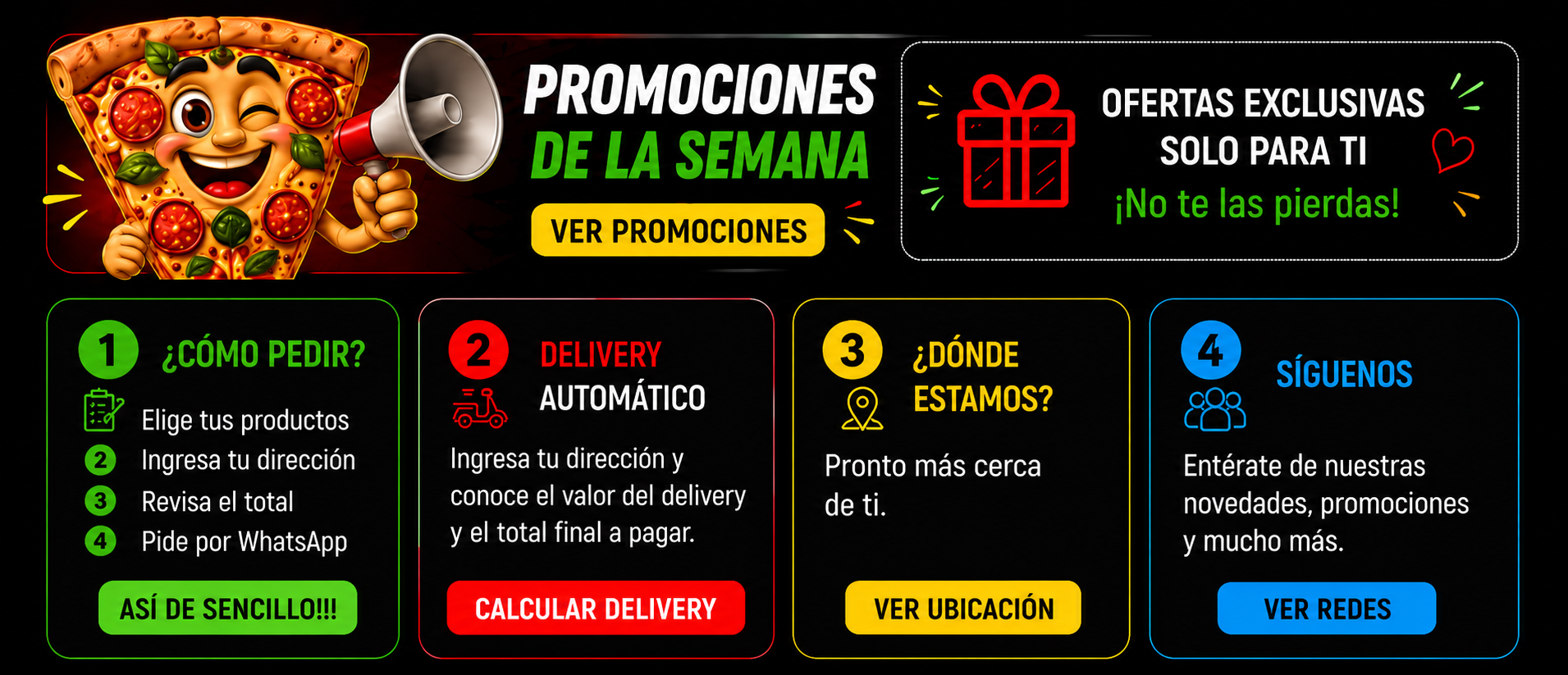 Promociones, cómo pedir, delivery, ubicación y redes sociales